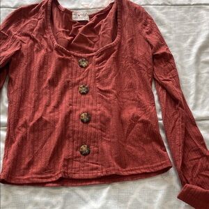 Boho Button-Front Long Sleeve Crop Top in Rust